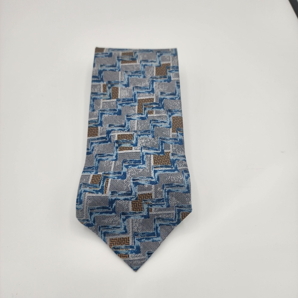 ERMENEGILDO ZEGNA Neck Tie 100% Silk Light Blue & Brown Geometric Print